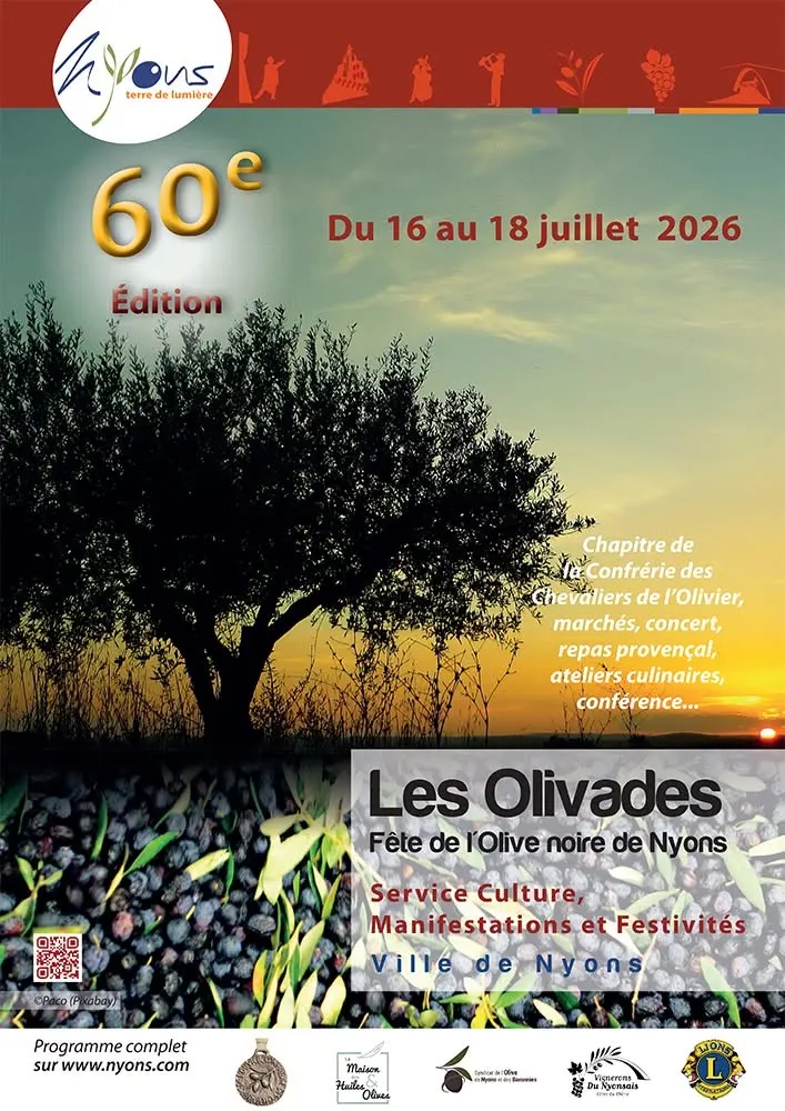 Affiche des 60es Olivades de Nyons, du 16 au 18 juillet 2026