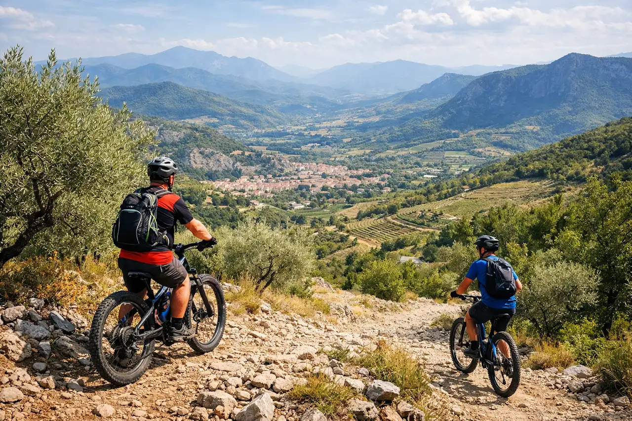 VTT sur les hauteurs de Nyons, sentier naturel et vue sur la vallée.