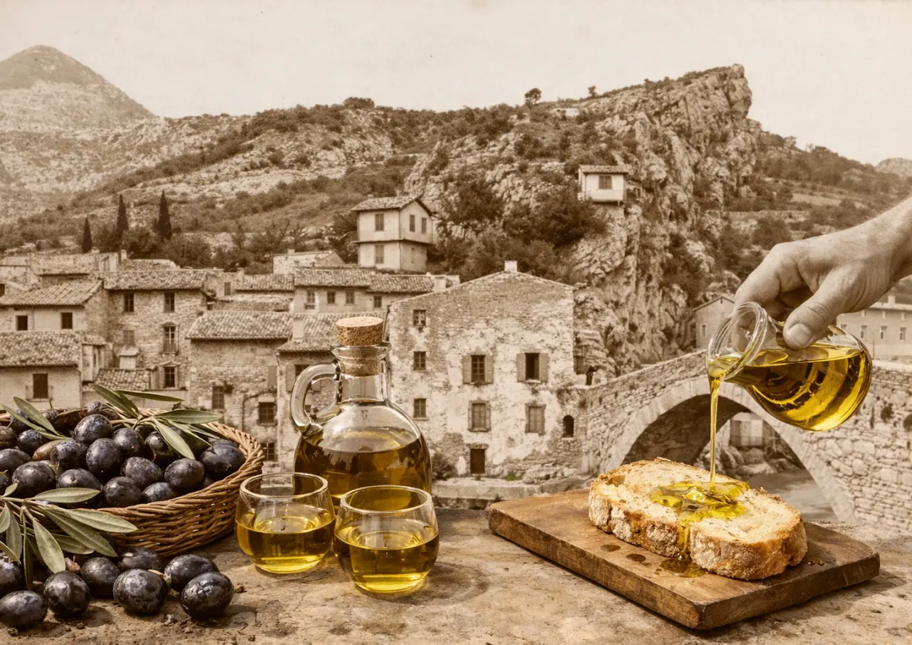 Dégustation d’huile d’olive à Nyons avec pain et olives noires, devant le Pont Roman et les maisons anciennes