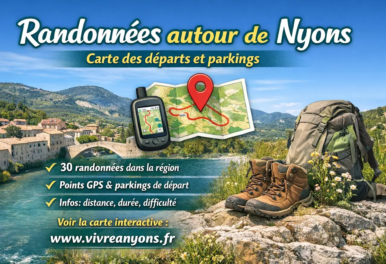 Carte des randonnées autour de Nyons avec départs GPS et parkings, illustrée par un sac à dos, des chaussures de randonnée et un paysage de la Drôme provençale.