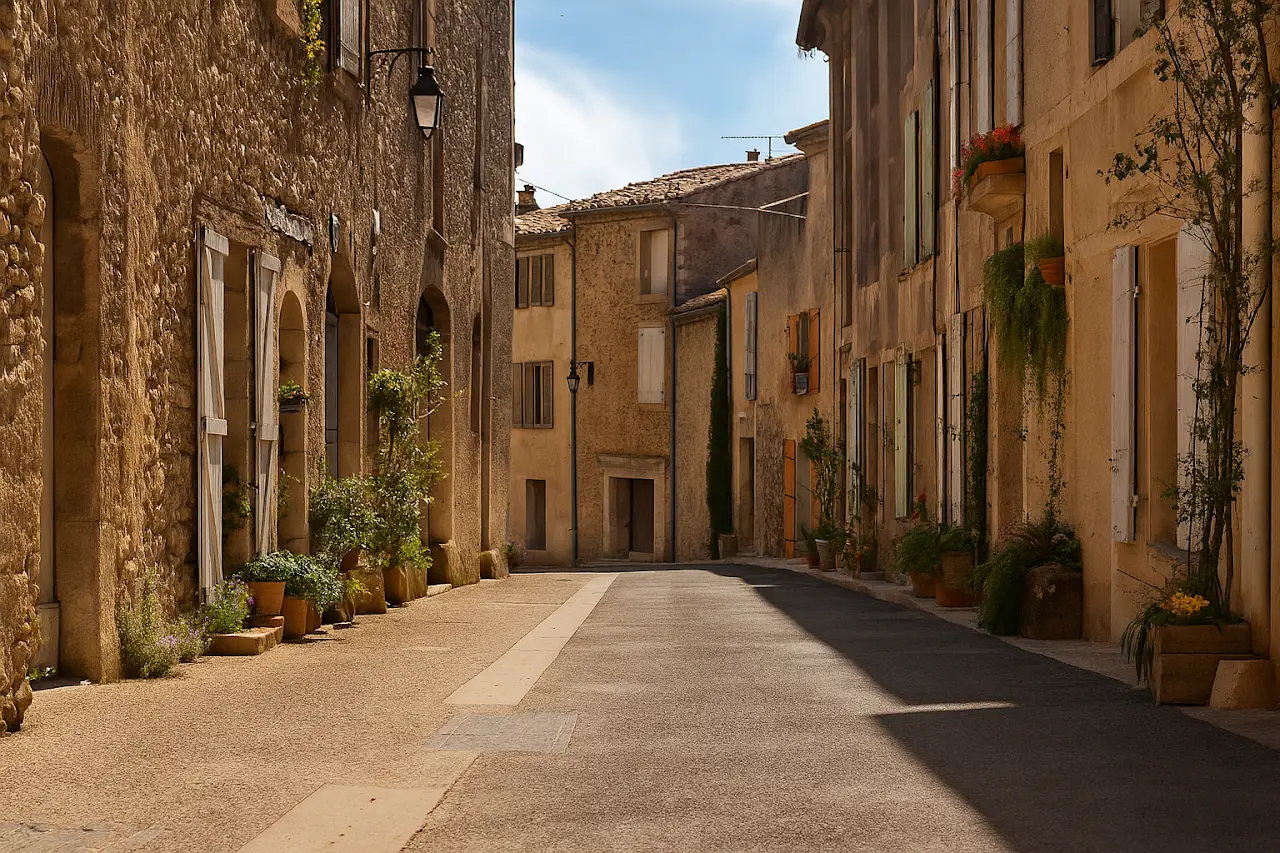 Rue bordée de maisons en pierre dans le village de Venterol