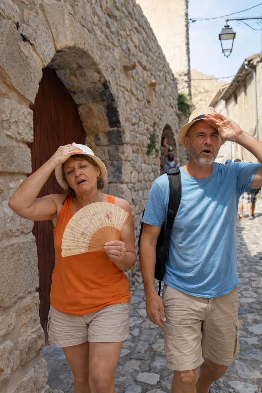 Touristes dans une ruelle du vieux Nyons par forte chaleur