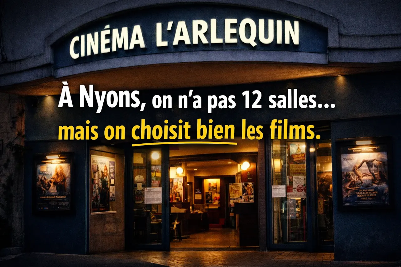Illustration d’une entrée de cinéma portant le nom L’Arlequin et un message sur le choix des films.