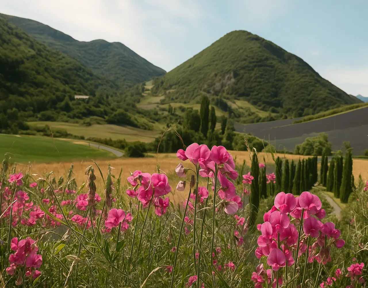 Fleurs roses et collines à Saint-Ferréol-Trente-Pas