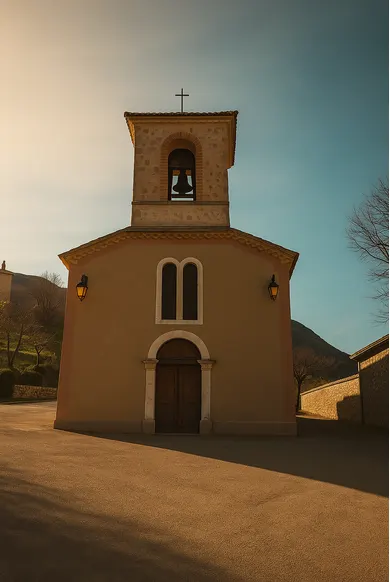 Façade de l’église de Montaulieu au soleil couchant