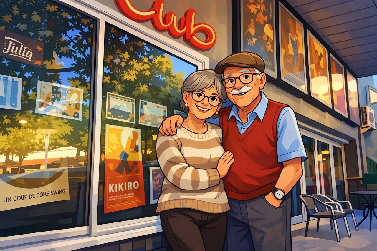 Illustration d’un couple de seniors devant l’entrée du cinéma L’Arlequin.