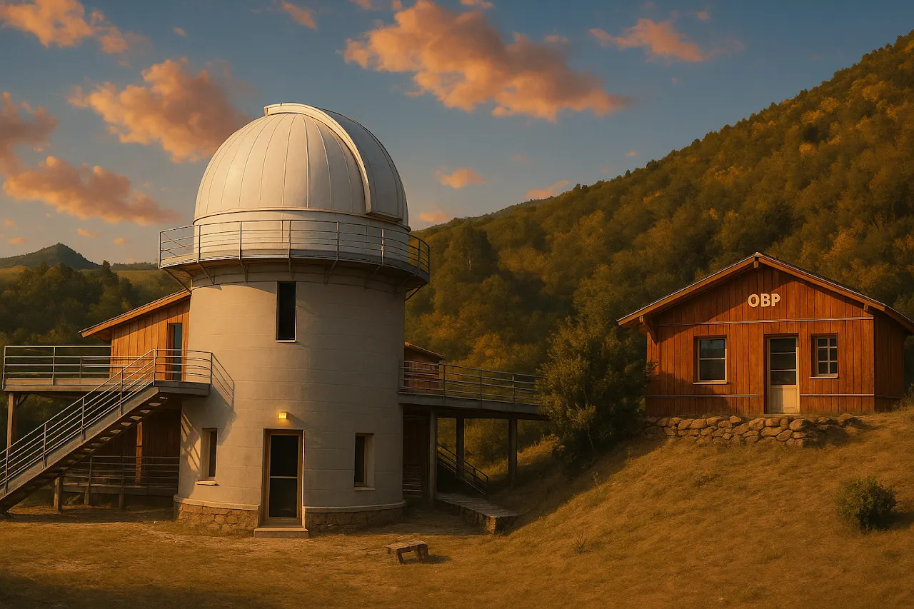 Coupole et bâtiments de l’Observatoire des Baronnies au coucher du soleil