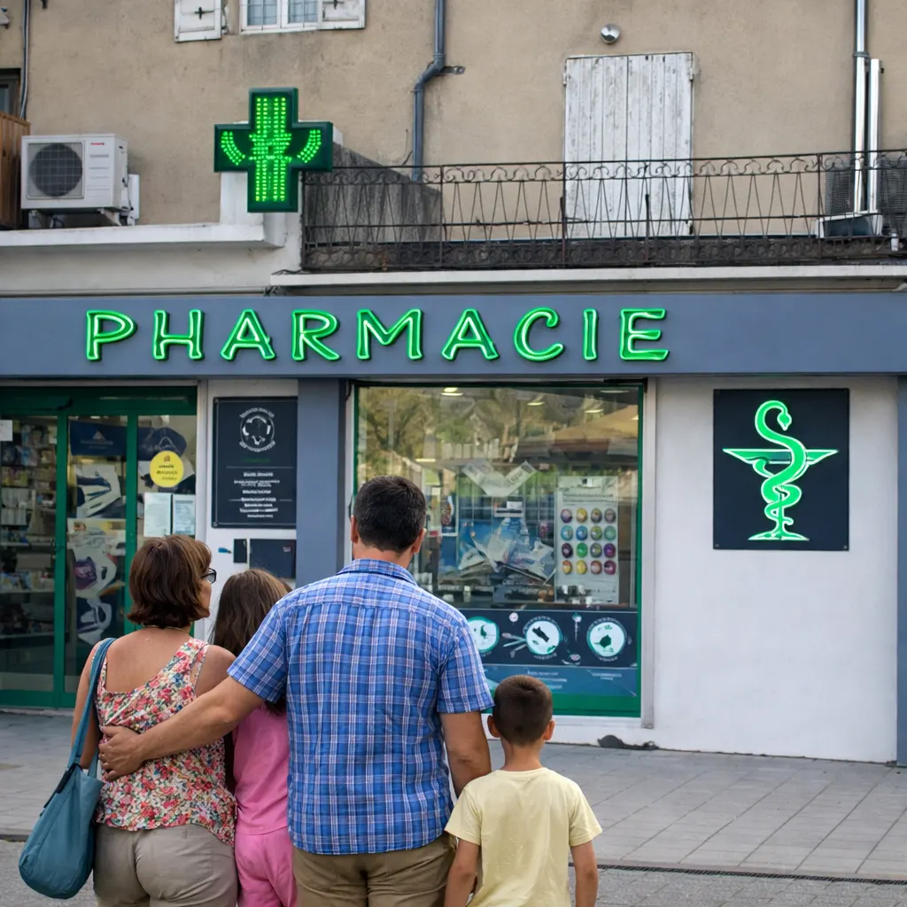 Devant une pharmacie à Nyons, parents et enfants