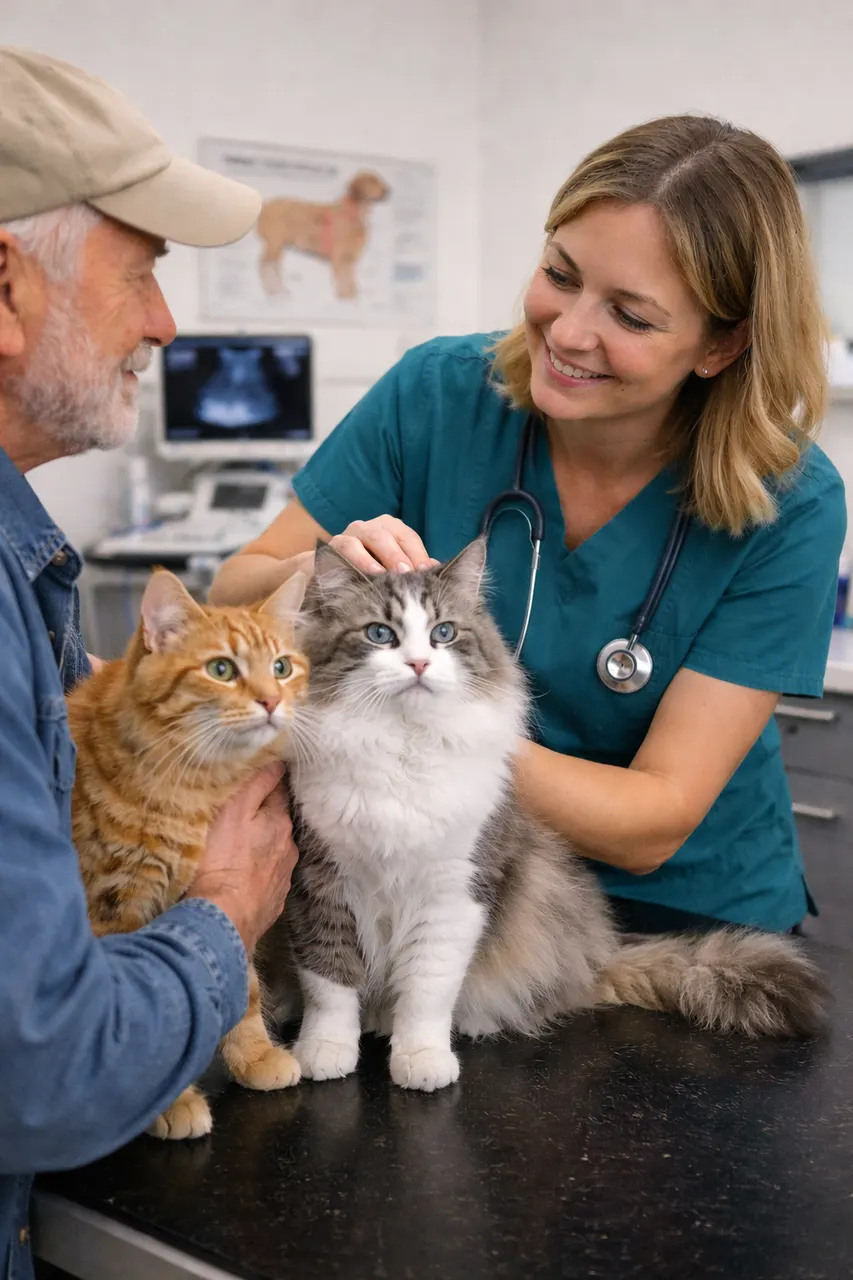 Vétérinaire à Nyons examinant deux chats calmement avec leur maître