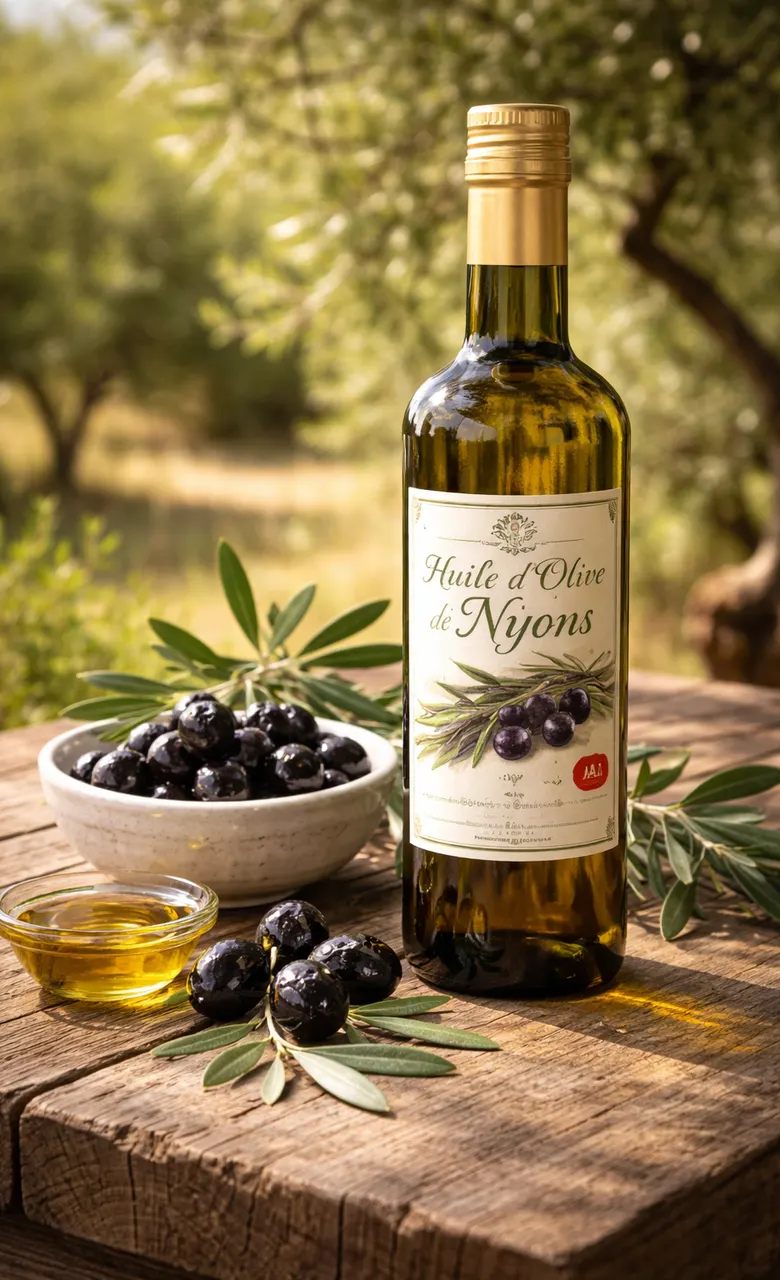Bouteille d’huile d’olive de Nyons posée sur une table en bois, avec des olives noires et des branches d’olivier, en lumière naturelle.