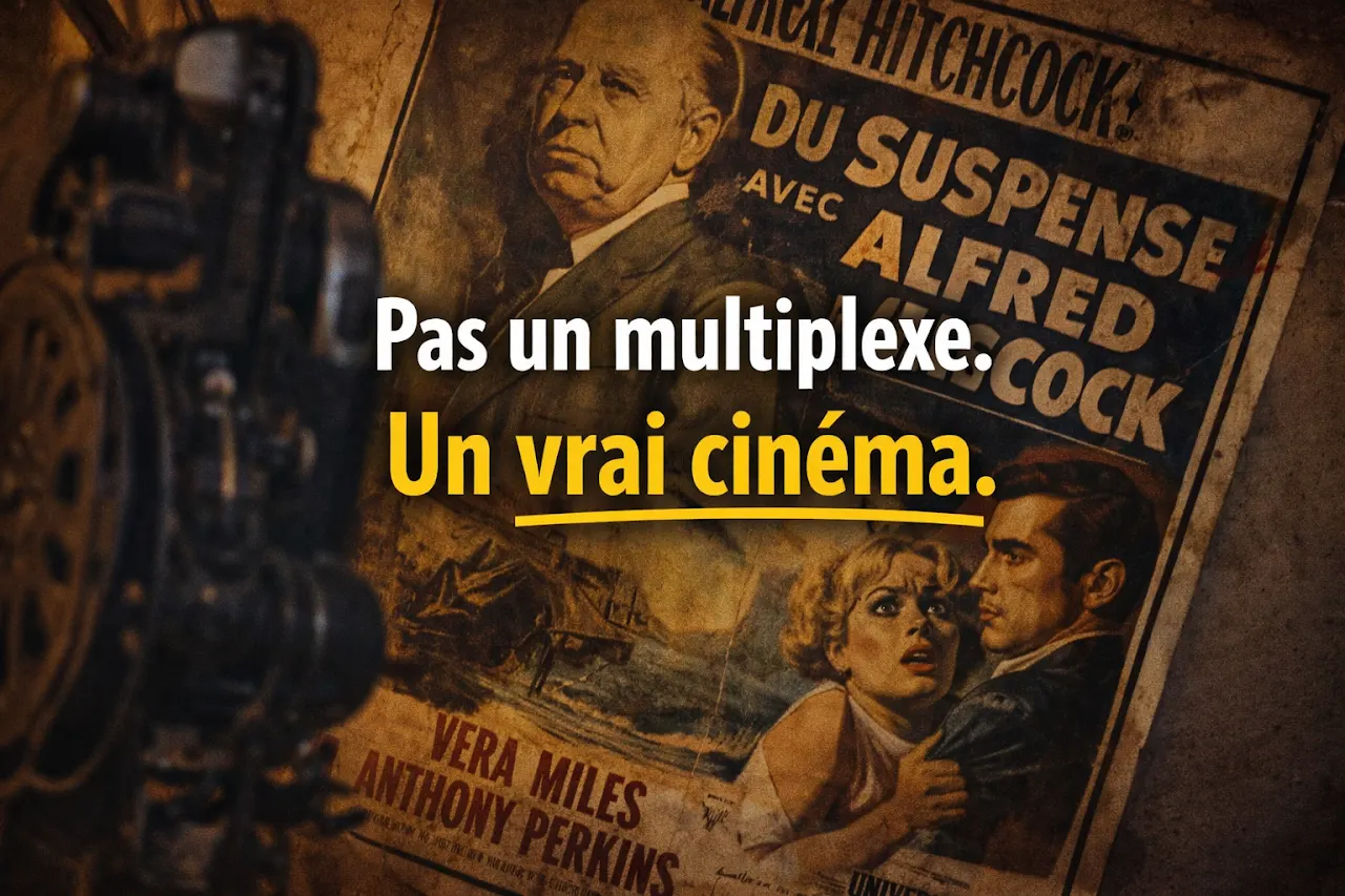 Illustration aux tons bruns avec une affiche d’Alfred Hitchcock et un message sur le cinéma.