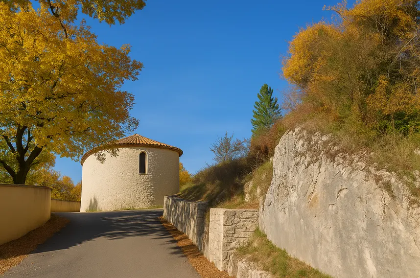 Petit bâtiment rond au bord d’un chemin à Montaulieu