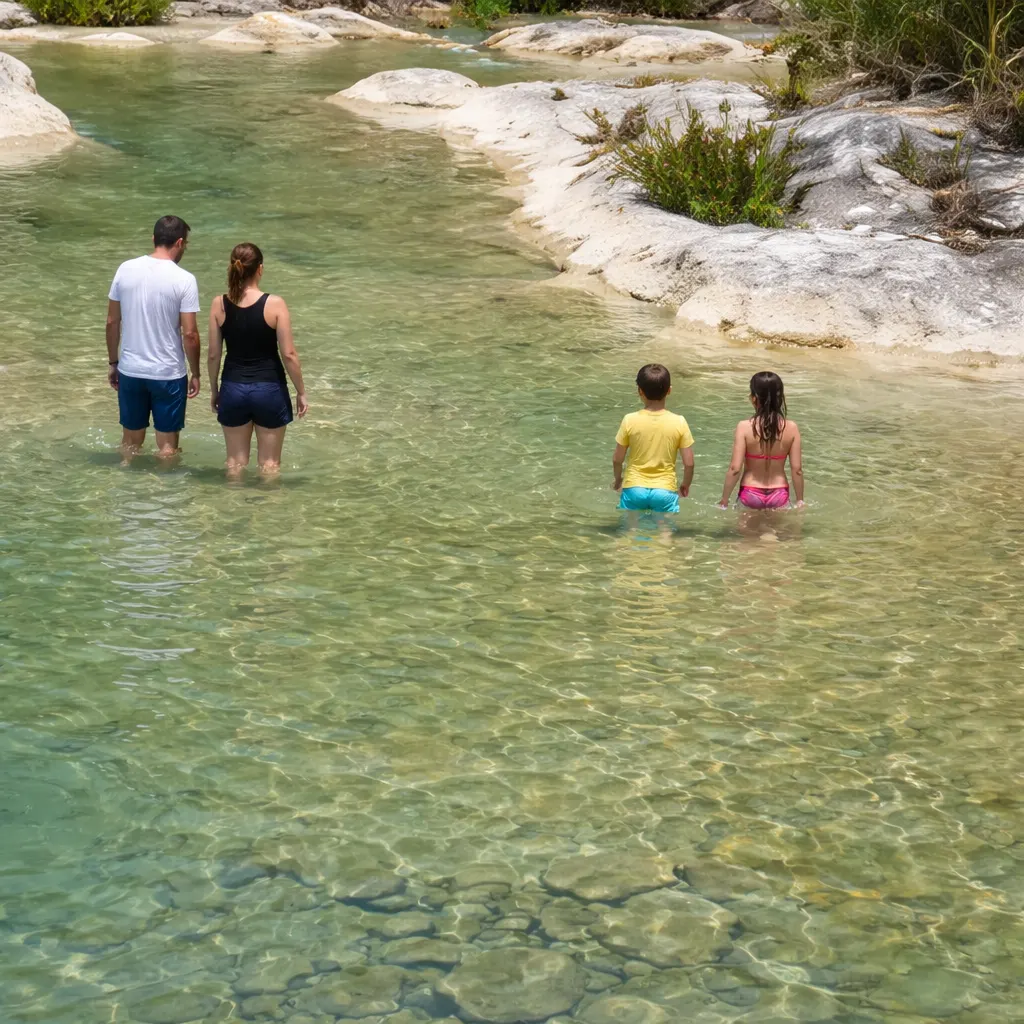 Personnes debout dans l’eau peu profonde aux gorges de Trente-Pas, au milieu de vasques claires et de roches calcaires, près de Nyons.