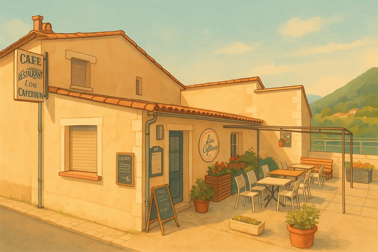 Façade du café de Curnier avec sa terrasse