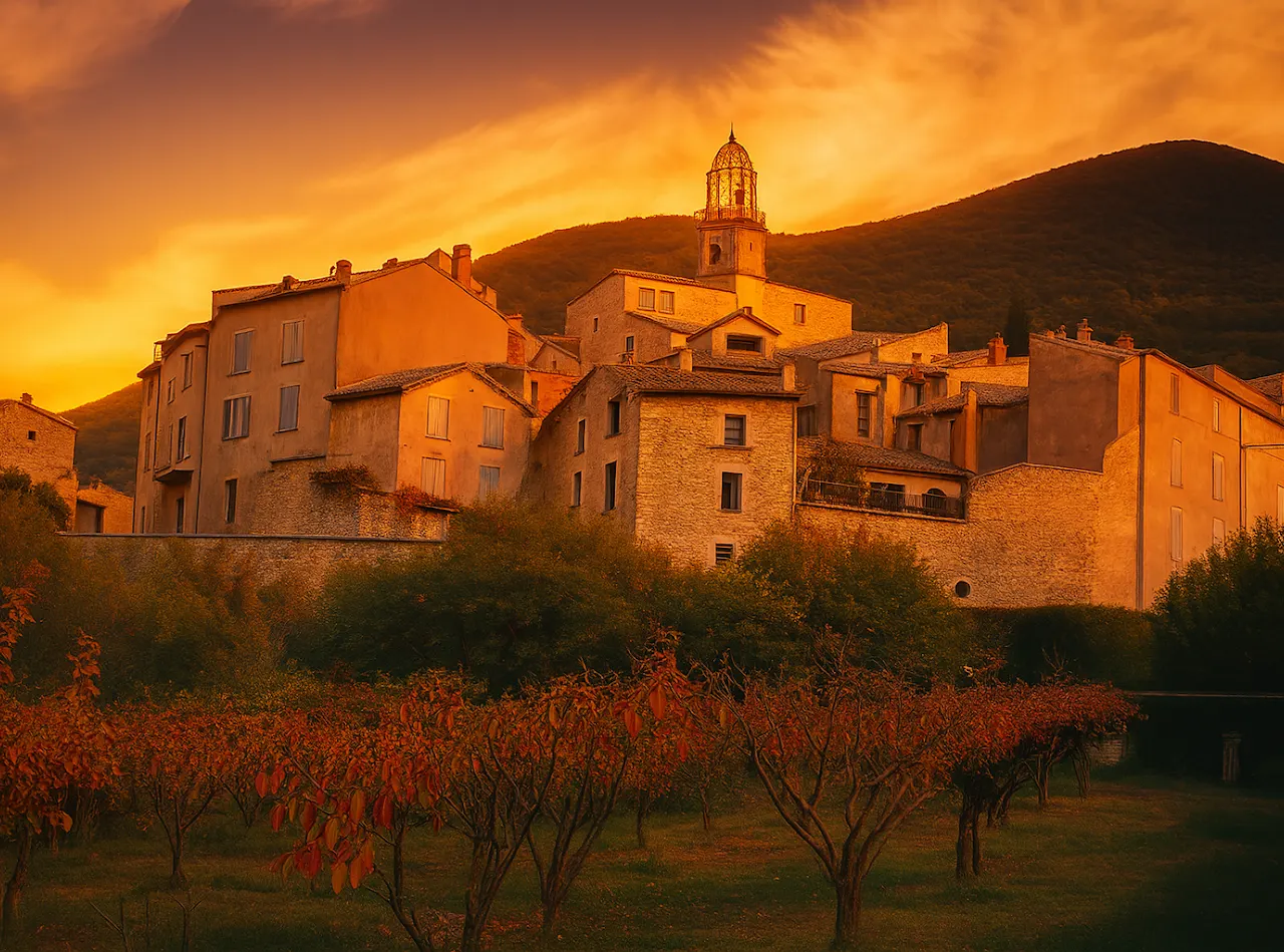 Village de Venterol et son clocher sous un ciel orangé