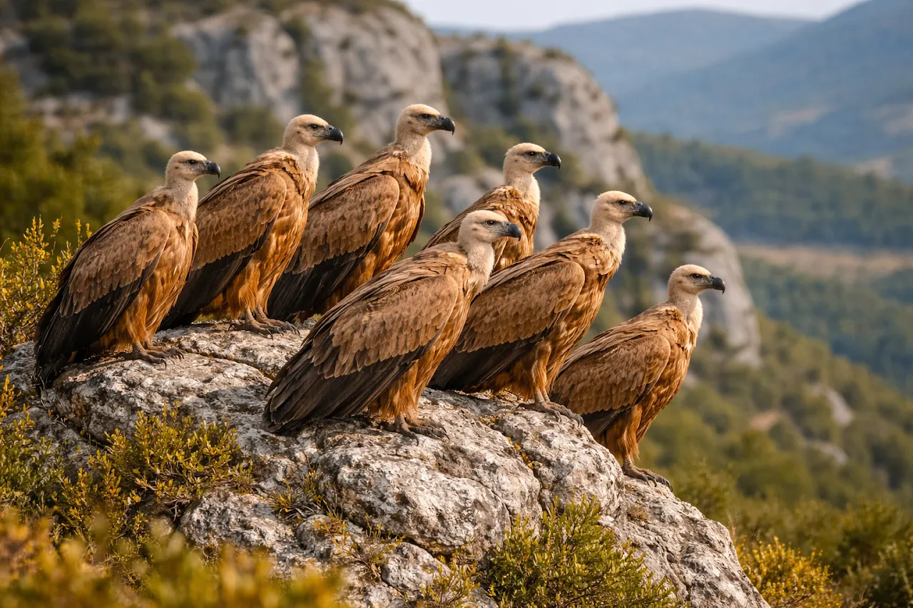 Vautours fauves regroupés sur un rocher dans les Baronnies provençales