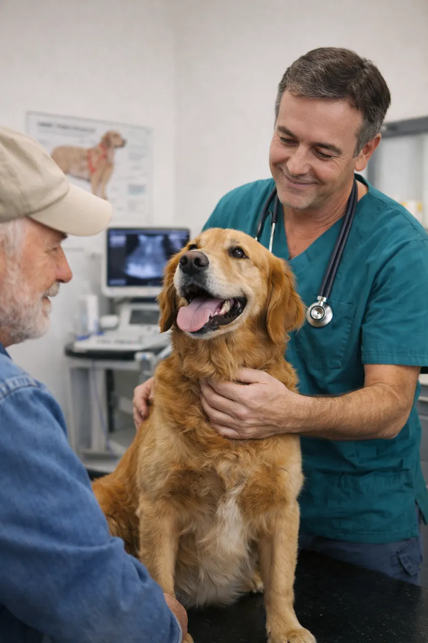 Vétérinaire à Nyons examinant un chien calmement avec son maître