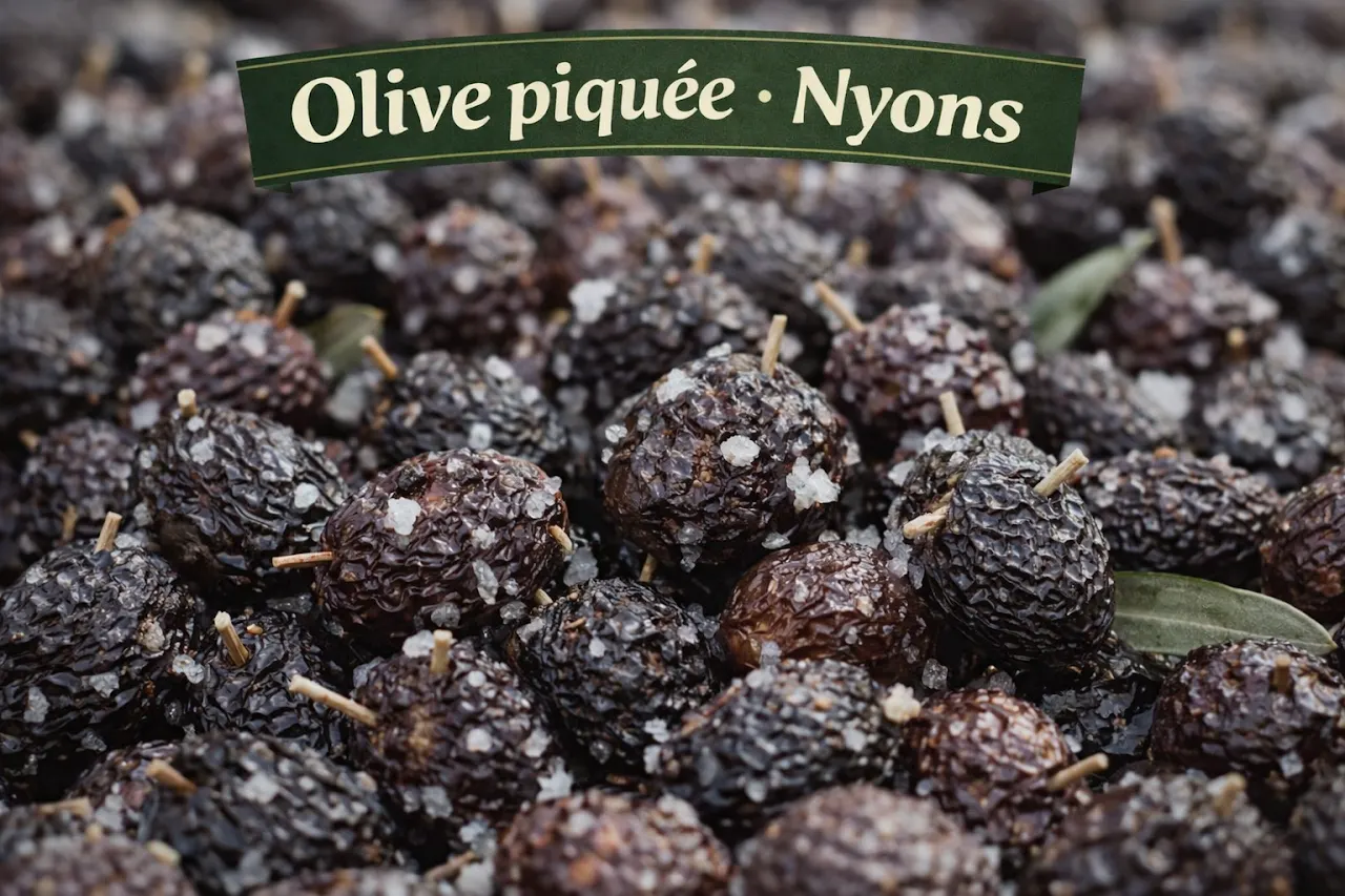 Olive piquée de Nyons, préparation traditionnelle d’olives noires avant Noël.