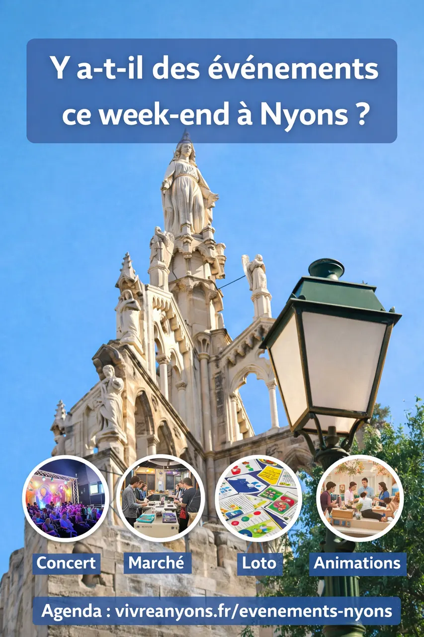 Visuel sur les événements du week-end à Nyons, avec la tour Randonne et un lampadaire sous un ciel bleu.