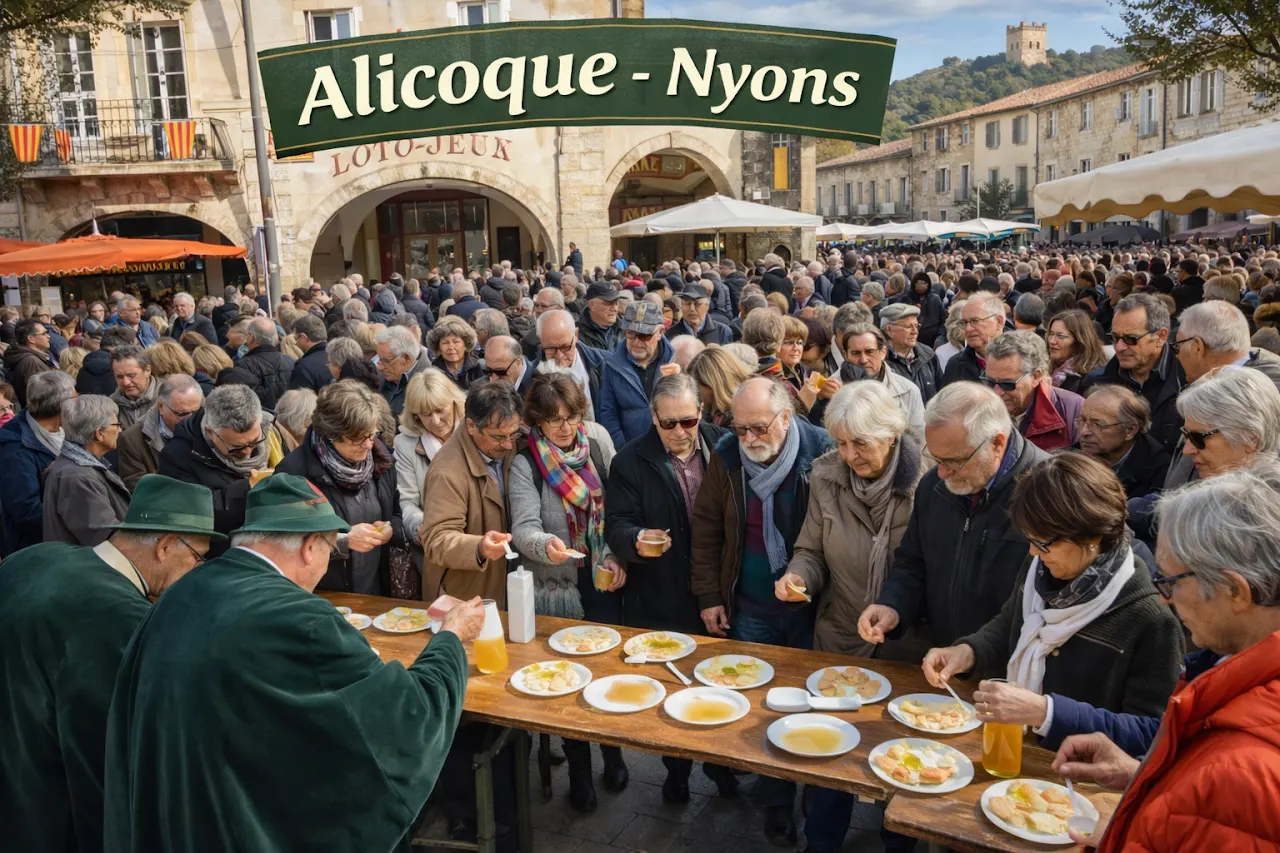 Dégustation de l’huile nouvelle lors de l’Alicoque à Nyons, habitants et visiteurs réunis sur la place du village.