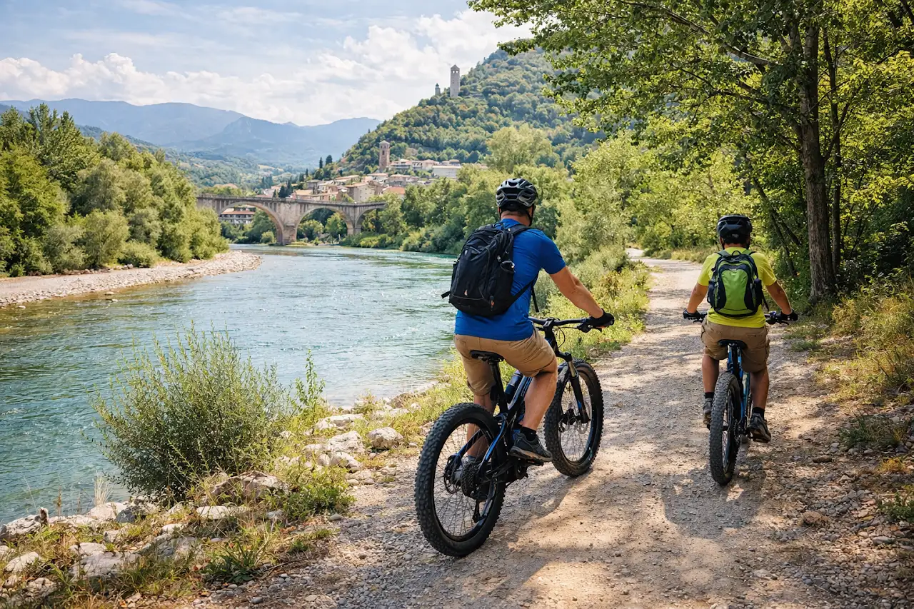 Balade en VTT électrique le long de l’Eygues à Nyons, sur un chemin ombragé avec vue sur le pont et les collines alentour.