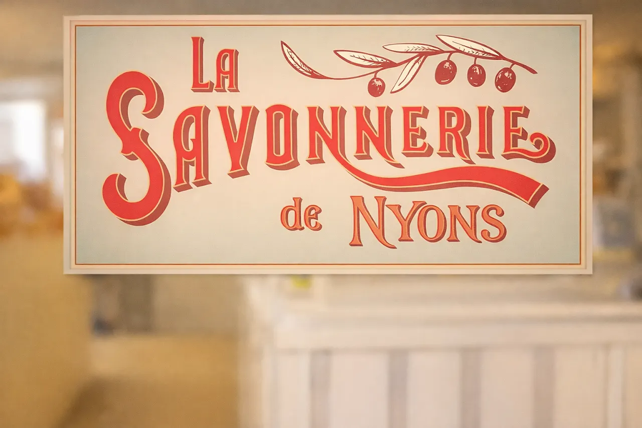 Photo de l’intérieur de la Savonnerie de Nyons avec savons, panneaux explicatifs et boutique