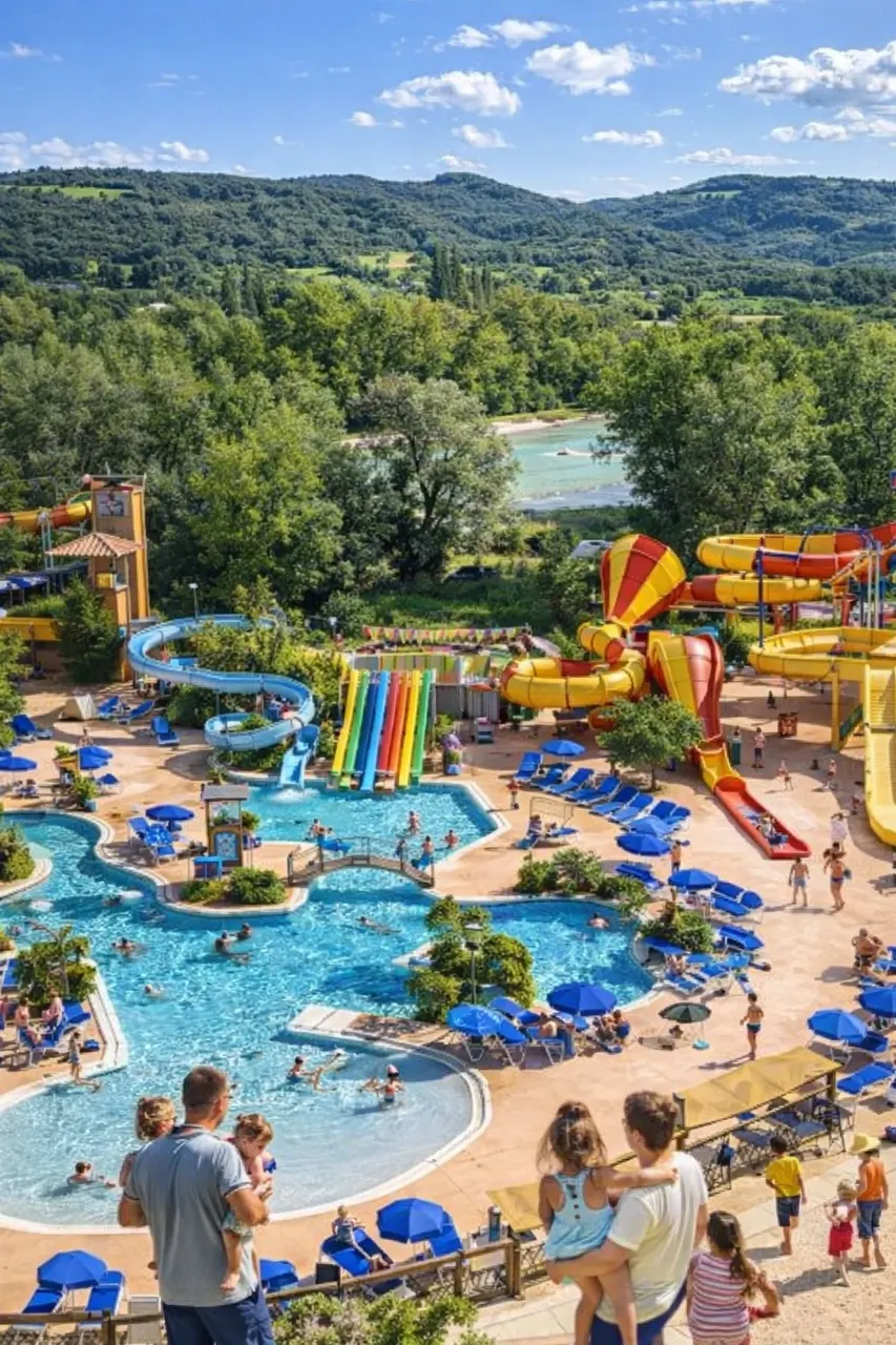 Parc aquatique du camping Capfun Le Sagittaire près de Nyons, avec piscines, toboggans et familles en vacances.