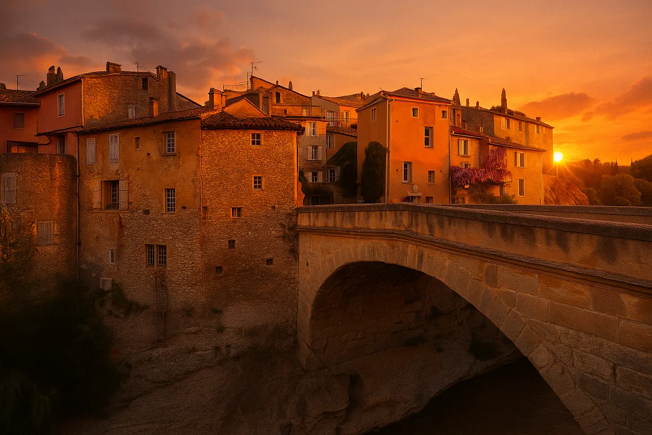 Pont et maisons de Nyons sous un ciel orangé au coucher du soleil