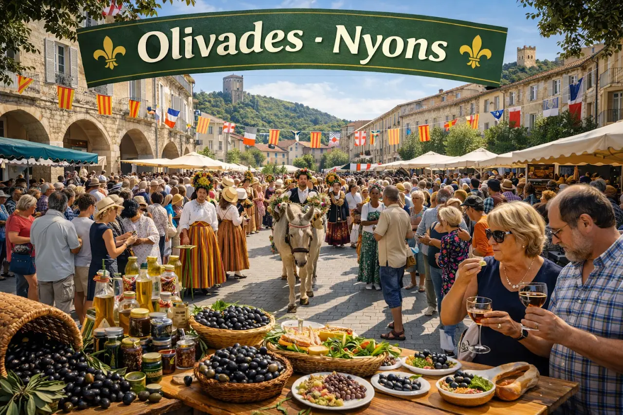 Les Olivades à Nyons, fête estivale de l’olive noire avec marché, défilé en costumes provençaux et dégustations sur la place des Arcades.
