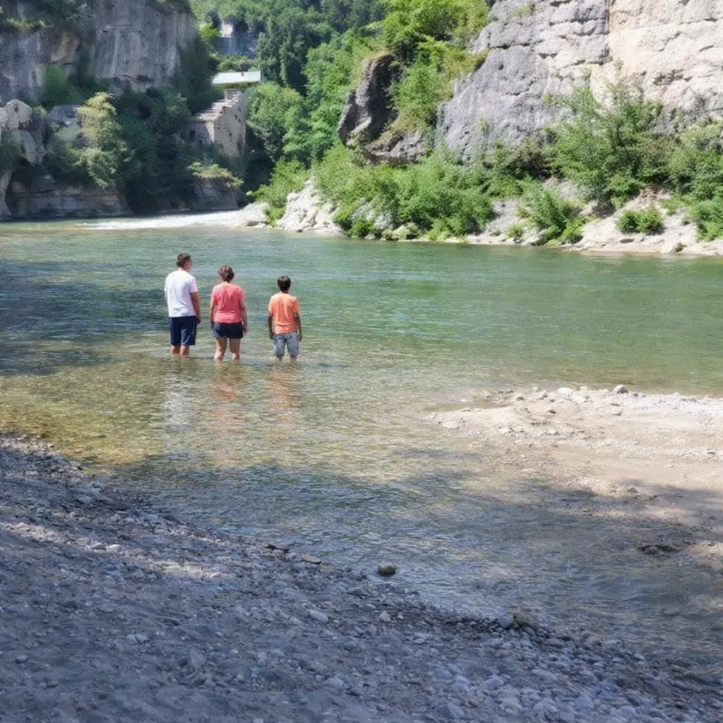 Personnes habillées, vues de loin, debout dans l’eau peu profonde aux gorges de Trente-Pas, dans un cadre rocheux et boisé près de Nyons.