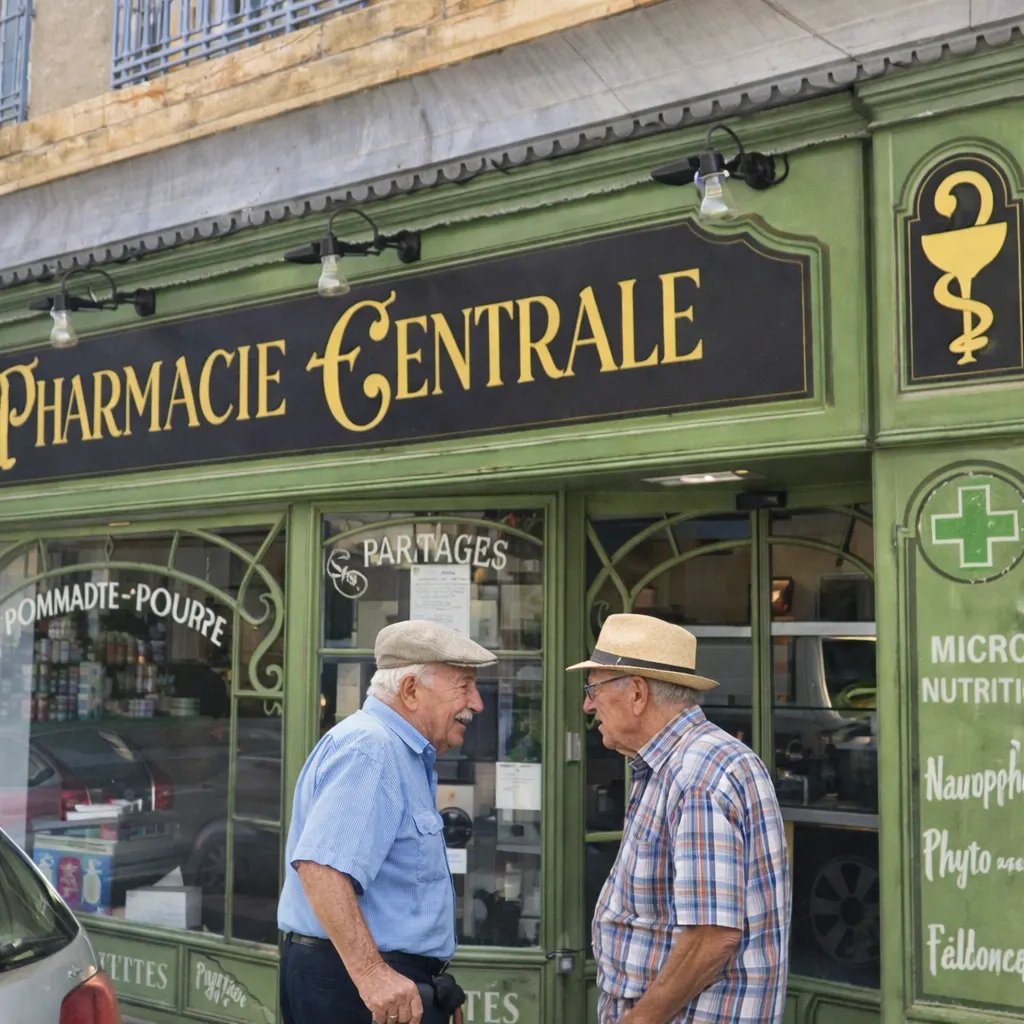 Devant la Pharmacie Centrale à Nyons, scène de vie locale