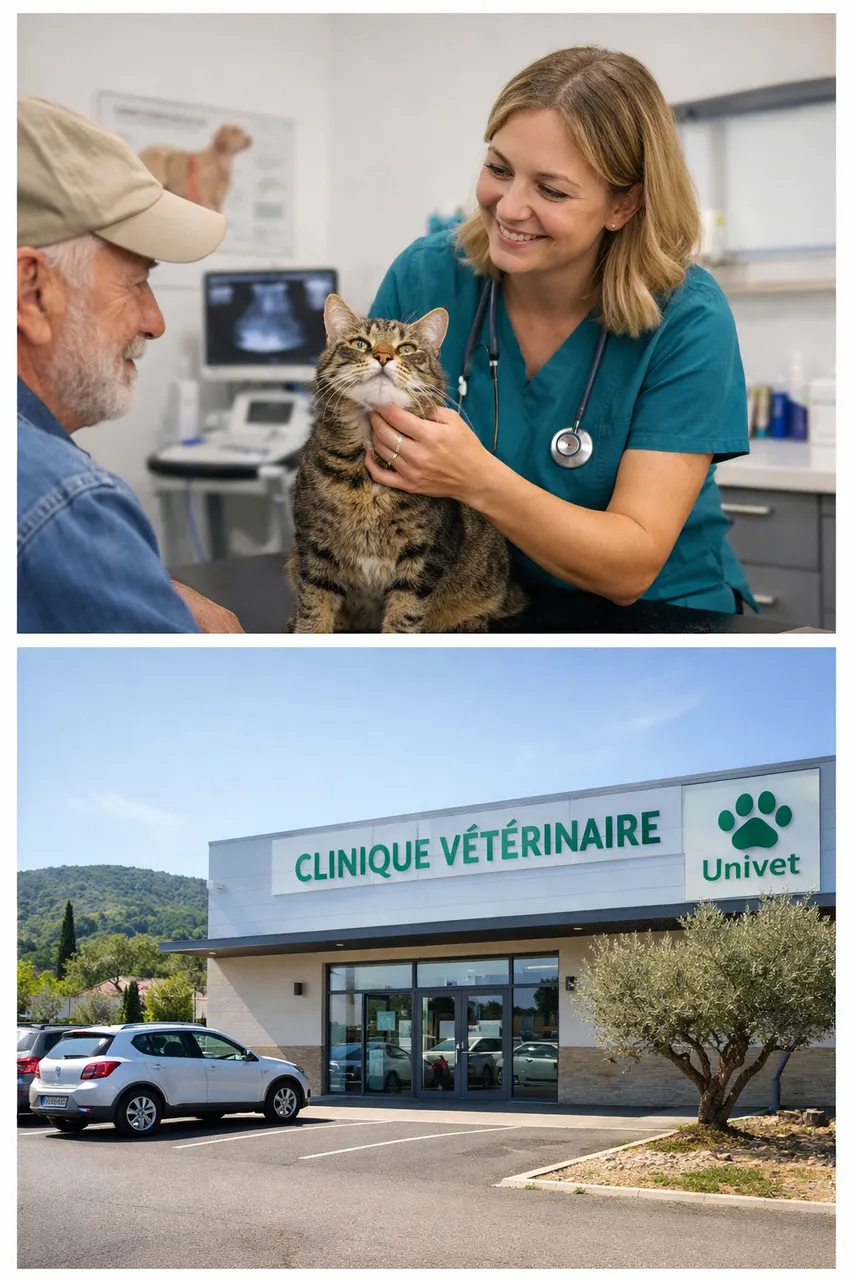 Vétérinaire à Nyons examinant un chat calmement avec son maître