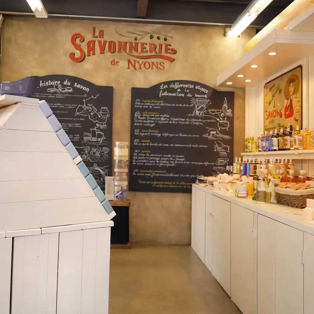 Photo de la boutique de la Savonnerie de Nyons présentant les savons et l’histoire de fabrication
