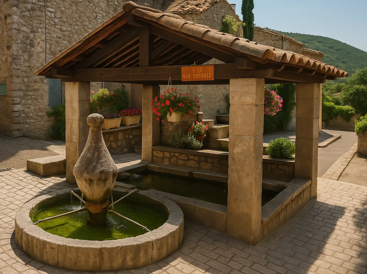 Fontaine et lavoir couvert à Curnier
