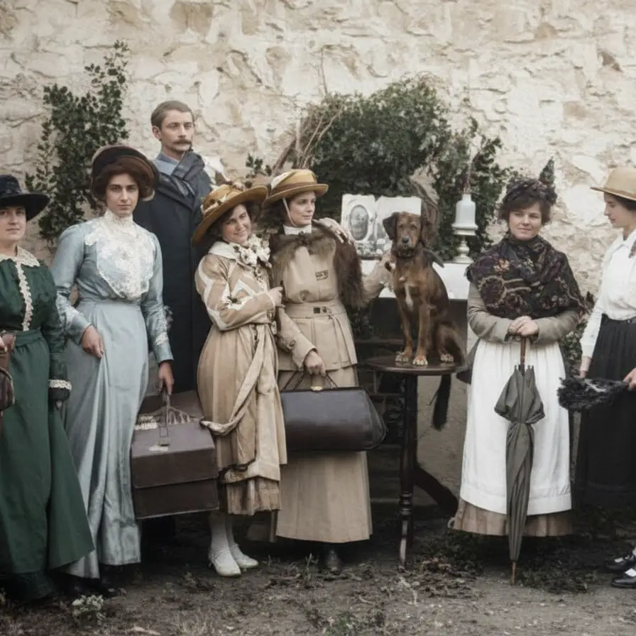 Femmes et hommes en tenue élégante posant à Nyons vers 1900, avec valises, chapeaux et un chien, devant un mur en pierre