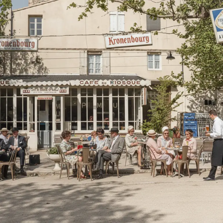 Ah, le Café du Kiosque On dirait que tout Nyons s’est donné rendez-vous là : chapeaux, lunettes, bavardages et petits verres qui brillent au soleil