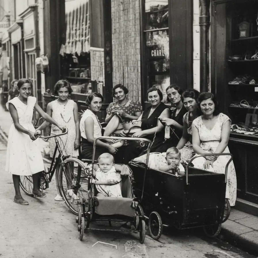 Femmes et enfants devant des commerces de la rue des Déportés à Nyons, avec vélos et poussettes d’époque, dans les années 1930