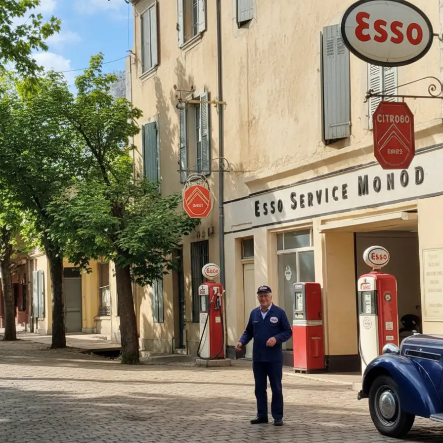 Ancienne station-service Esso Monod à Nyons, avec pompes à essence d’époque, mécanicien en bleu de travail et voiture ancienne sur une rue pavée