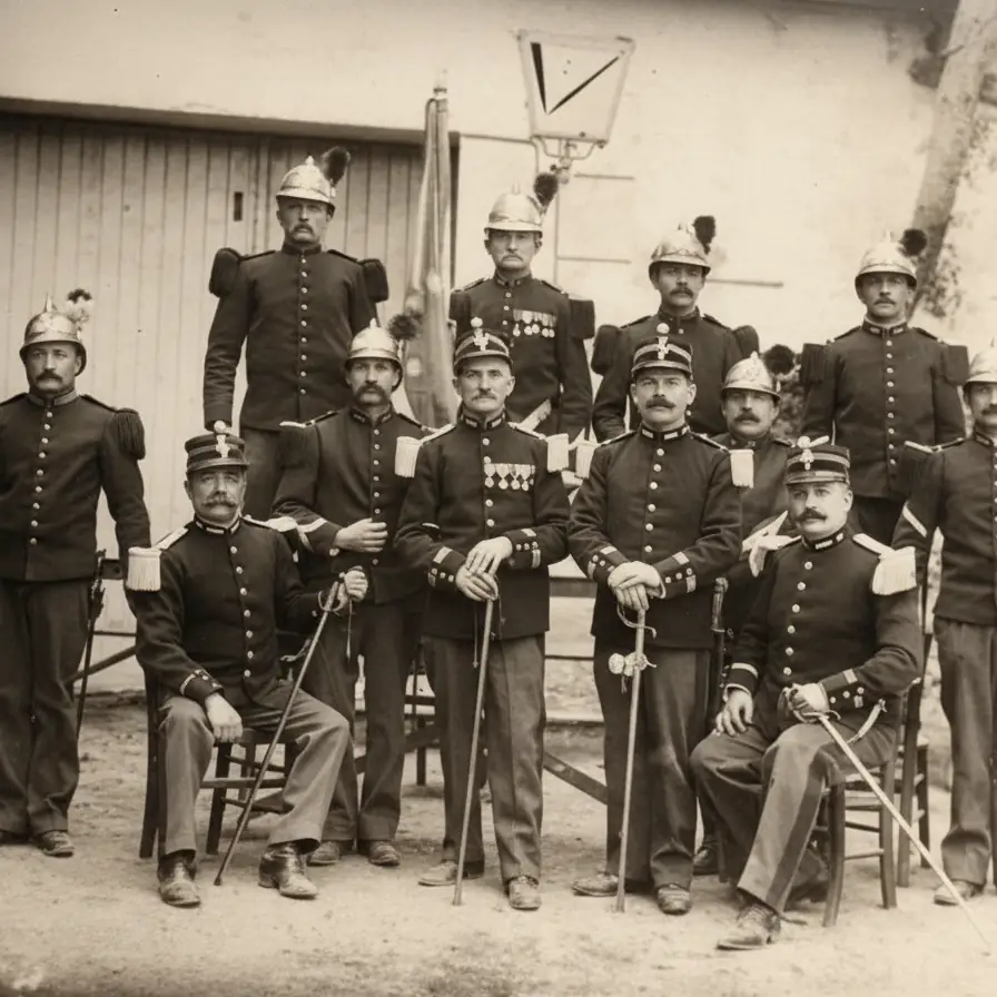 Groupe de sapeurs-pompiers en uniforme posant à Nyons au début du XXe siècle, avec casques, médailles et sabres