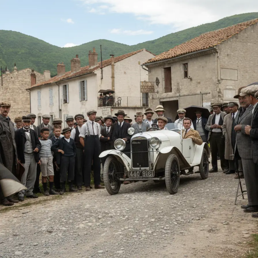 Habitants de Nyons rassemblés autour d’une voiture ancienne dans une rue du village, vers les années 1920, avec maisons en pierre et collines en arrière-plan