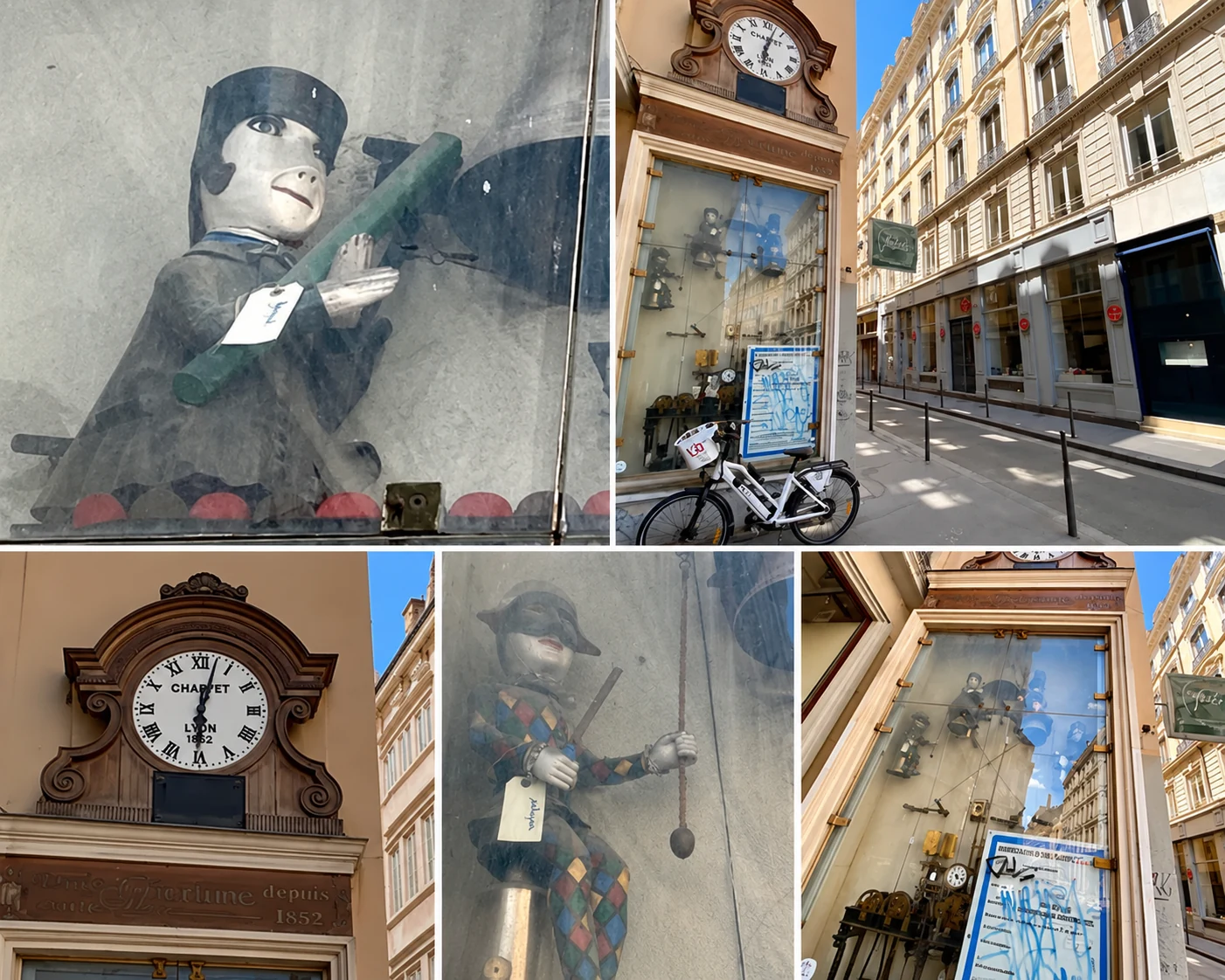Ancienne horloge Charvet rue de la Poulaillerie à Lyon, avec son cadran monumental et ses automates représentant Guignol, Gnafron, Arlequin et Polichinelle.