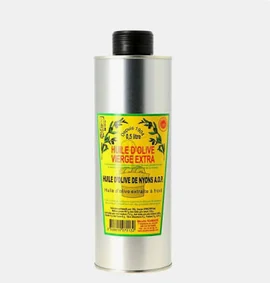 Bidon métallique d’huile d’olive vierge extra de Nyons AOP avec une étiquette jaune et un bouchon noir.
