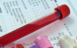 Tube de prélèvement sanguin à bouchon rouge posé sur une feuille de résultats d’analyses.