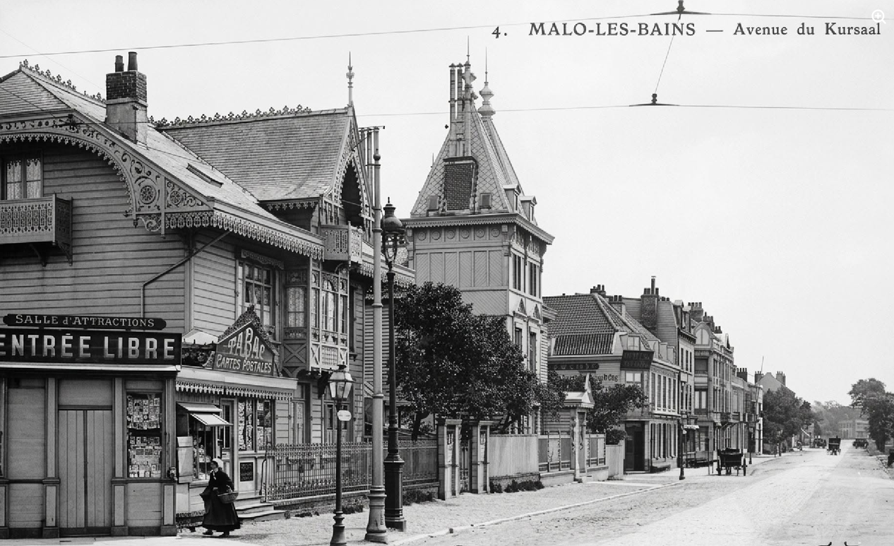 Ancienne avenue du Kursaal à Malo-les-Bains avec chalet en bois, salle d'attractions et tabac
