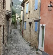 Ruelle pavée entre des maisons en pierre et une façade rose, avec des volets bleus.
