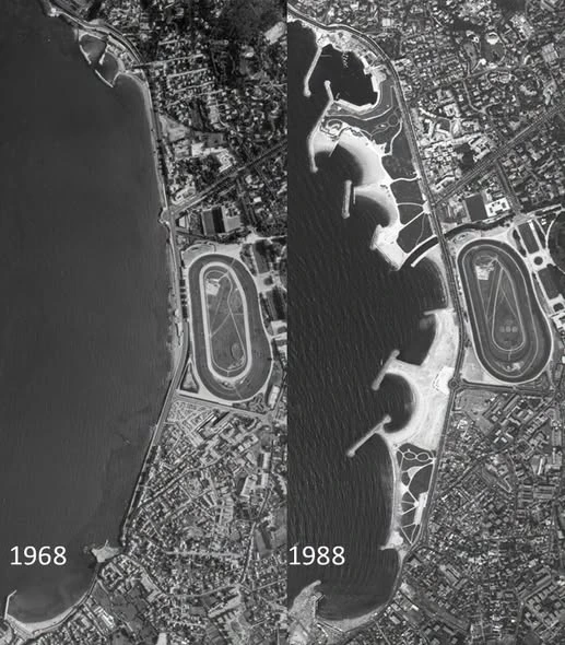 Comparaison de deux photographies aériennes IGN du littoral sud de Marseille en 1968 et 1988, montrant les nouvelles plages du Prado, les digues et les terrains gagnés sur la mer.