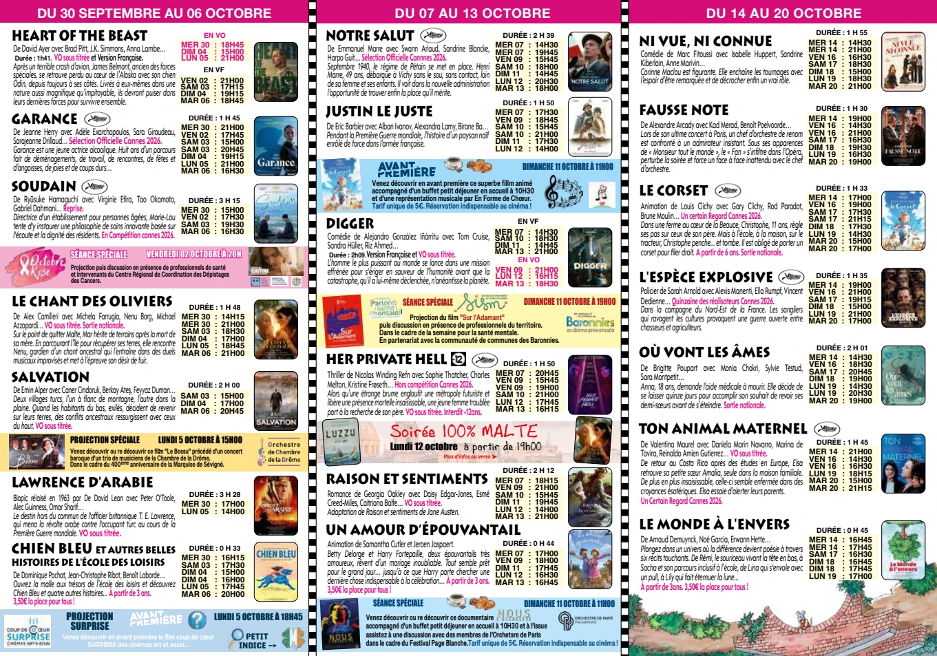 Programme de L’Arlequin à Nyons présentant les films et séances du 30 septembre au 20 octobre 2026.