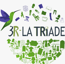 Logo de la ressourcerie 3R-La Triade à Nyons, avec un colibri et des objets du quotidien.