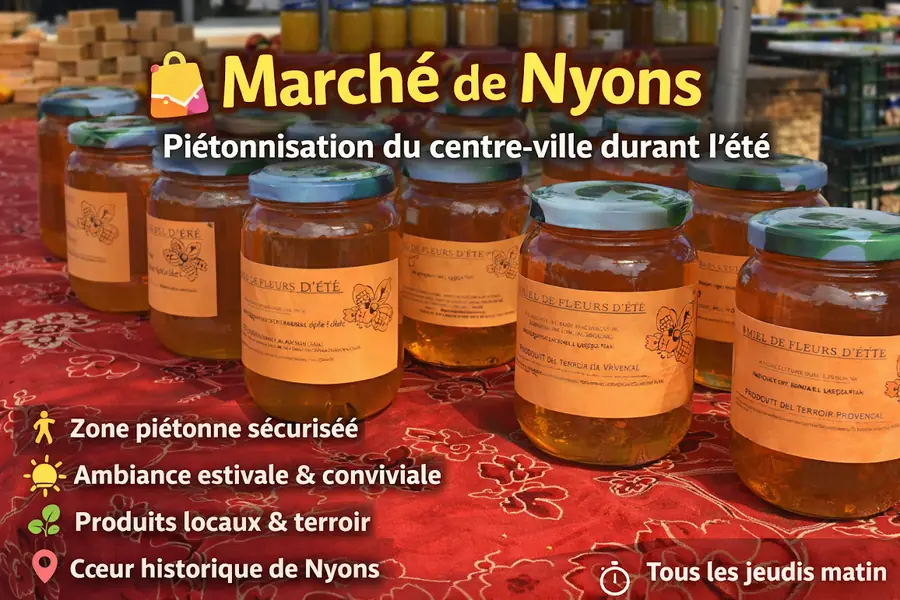 Pots de miel sur un étal, avec un visuel du marché de Nyons et de la piétonnisation estivale.