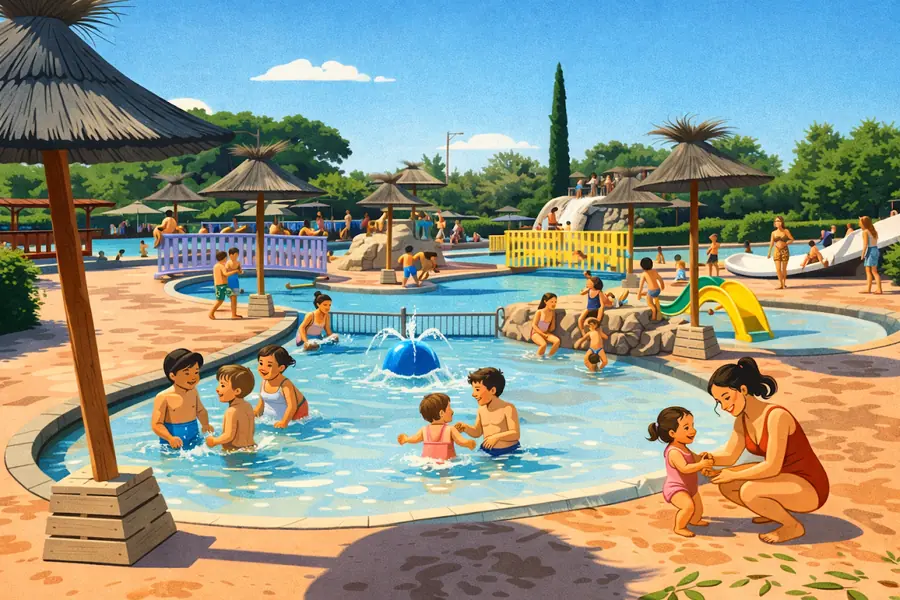 Illustration de familles dans les bassins et jeux d’eau de Nyonsoleïado, sous des parasols.